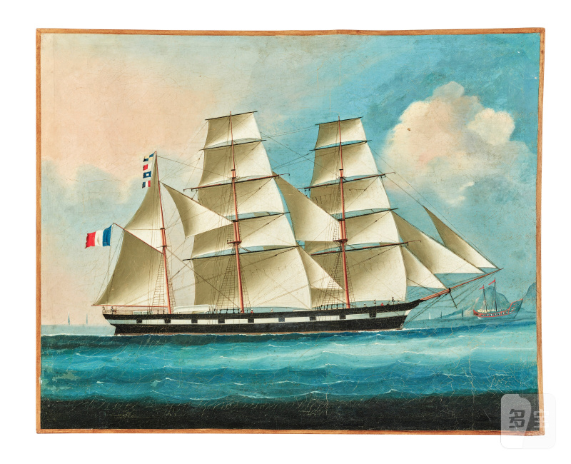 清十九世紀 外銷船畫 布面油畫  French three-masted ship in asian waters - 图2